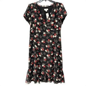 Loft Dress Short Sleeve Floral Black White Red V-Neck Size 10